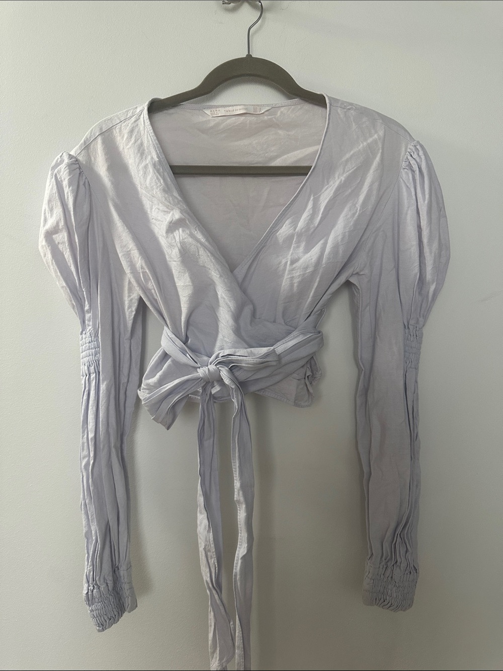 Zara Light Lavender Wrap Top with Puff Sleeves and Waist Tie